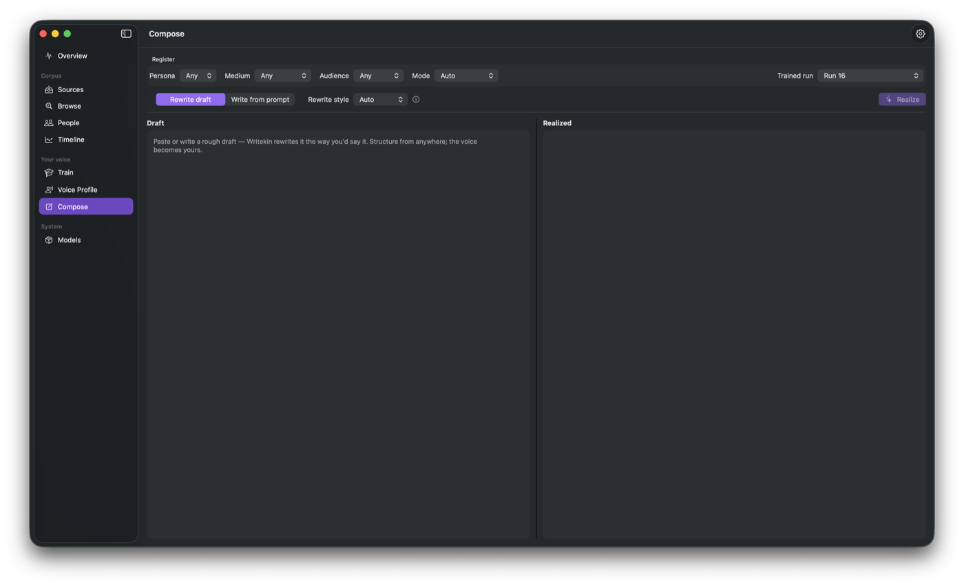 Writekin's Compose screen, drafting text in the user's voice