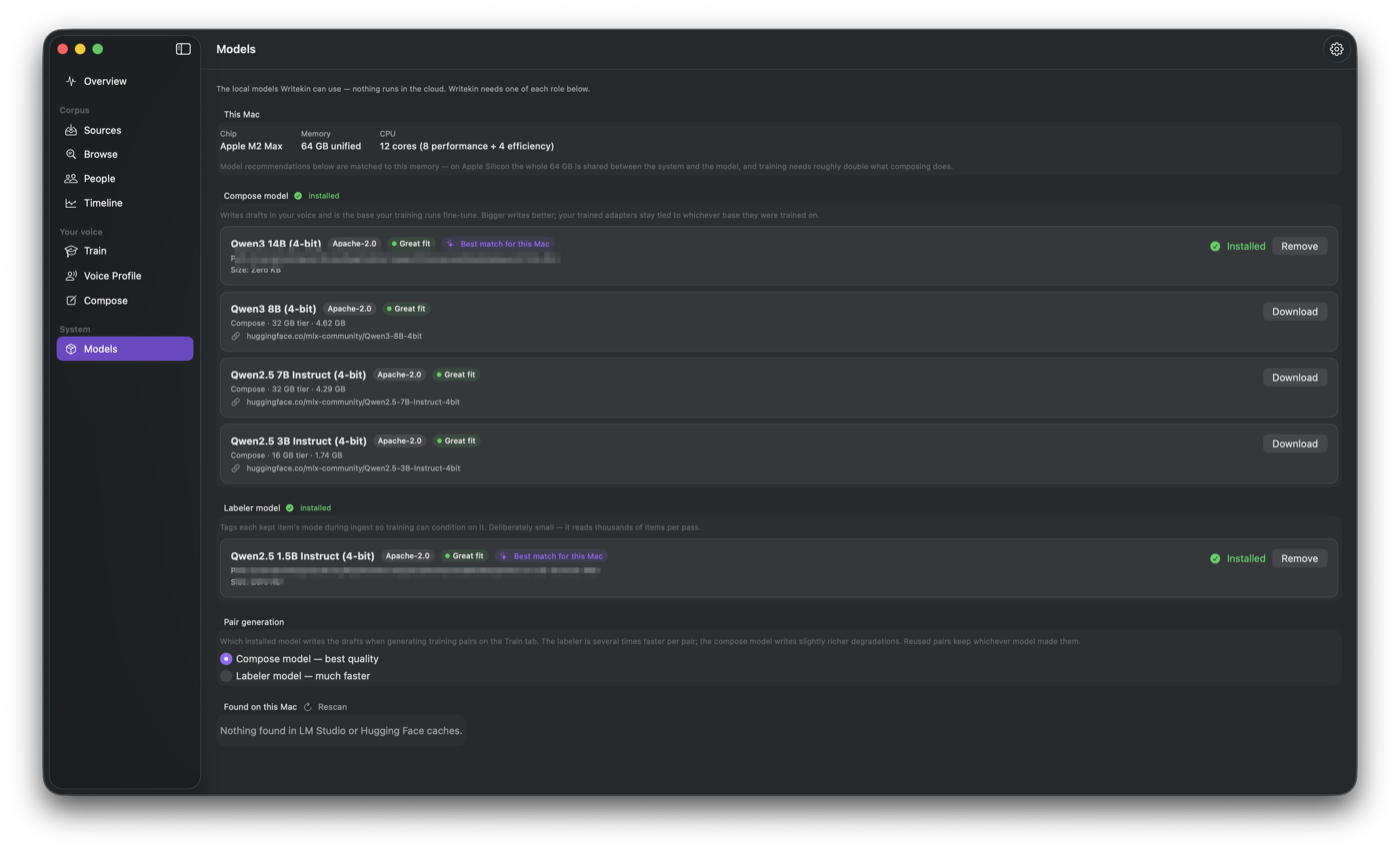 Writekin's Models screen, managing the local model library